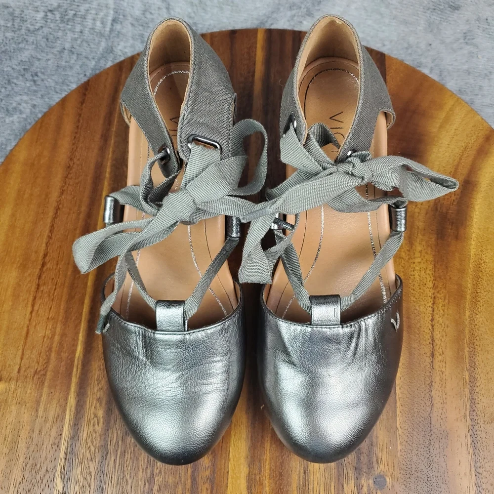 Vionic Kaitlyn Sandals Women's 5 Pewter Metallic Leather Espadrille Wedge Ribbon